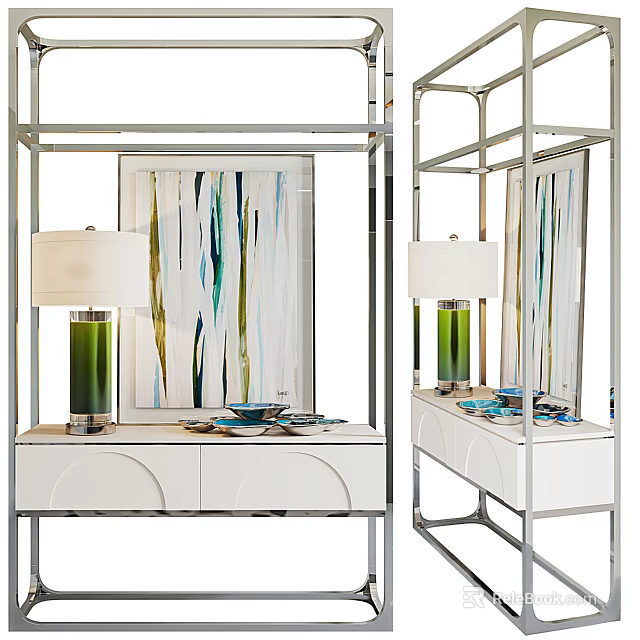 Modern Metal Frame Shelf Cabinet With White Curved Panels Green Table Lamp And Abstract Painting 3d model 