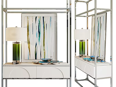 Modern Metal Frame Shelf Cabinet With White Curved Panels Green Table Lamp And Abstract Painting 3d model