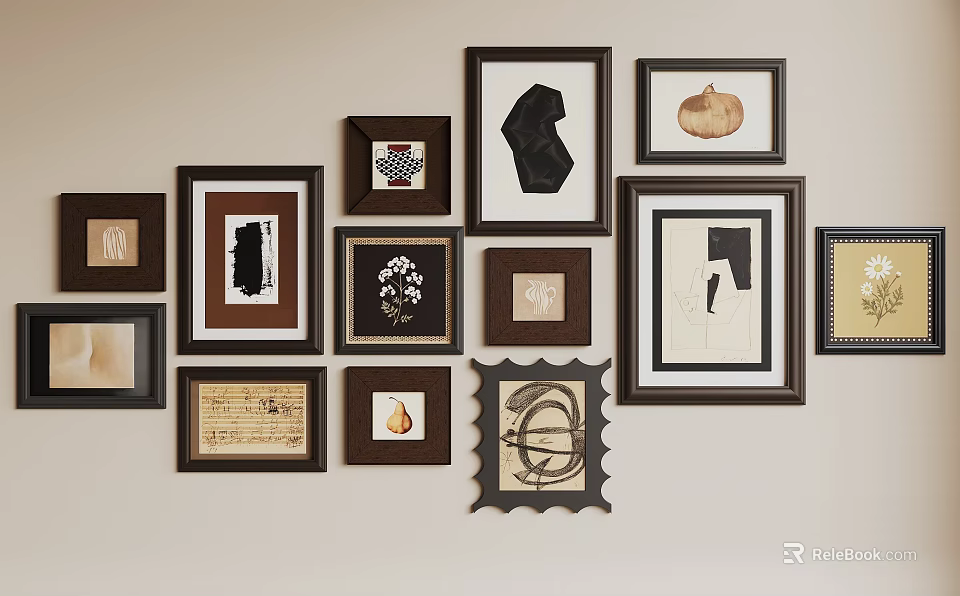 Abstract Paintings On Wall With Multiple Different Framed Art Pieces 3d model