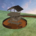 Multi Level Outdoor Pergola With Spiral Staircase And Lawn Fence In Sunset Sky
