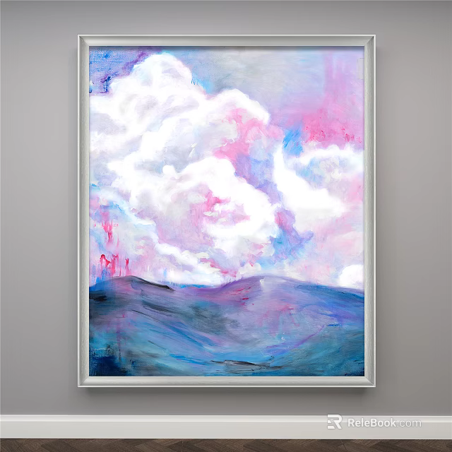 Vibrant Abstract Painting With Pink White Clouds And Blue Purple Mountainous View 3d model 