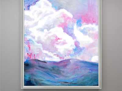 Vibrant Abstract Painting With Pink White Clouds And Blue Purple Mountainous View 3d model