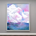 Vibrant Abstract Painting With Pink White Clouds And Blue Purple Mountainous View