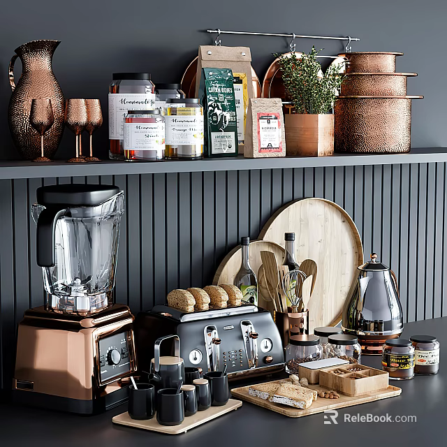 Stylish Copper Kitchen Tools With Blender Coffee Maker Wooden Tray Herbs And Spice Jars 3d model 