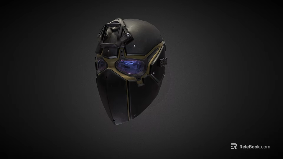 Black Helmet With Gold Accents And Blue Lens Goggles For Futuristic Look 3d model 