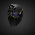 Black Helmet With Gold Accents And Blue Lens Goggles For Futuristic Look