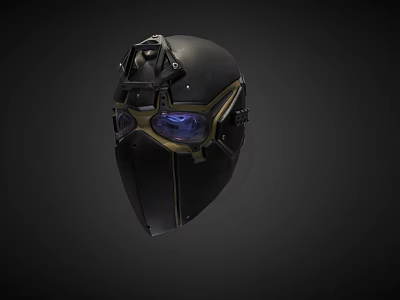 Black Helmet With Gold Accents And Blue Lens Goggles For Futuristic Look 3d model