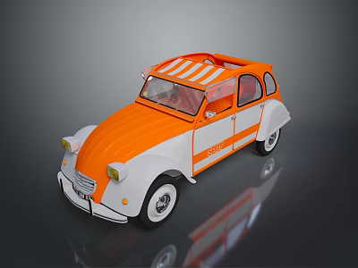 Vintage Orange And White Striped Car Model With Round Headlights And White Wheels 3d model
