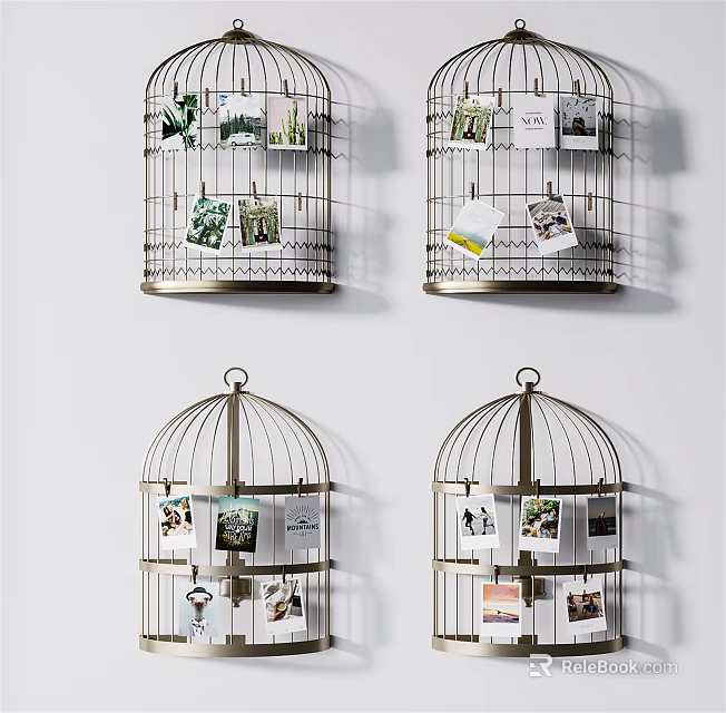 Birdcage Shaped Photo Wall with Metal Frame Hanging Photos and Decorative Cards on White Wall 3d model 