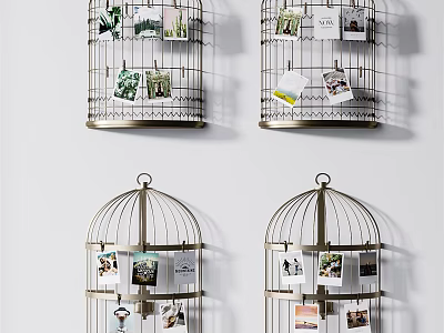 Birdcage Shaped Photo Wall with Metal Frame Hanging Photos and Decorative Cards on White Wall 3d model