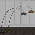 Modern Arched Floor Lamps In Black And Gold With White Paneled Wall And Herringbone Floor