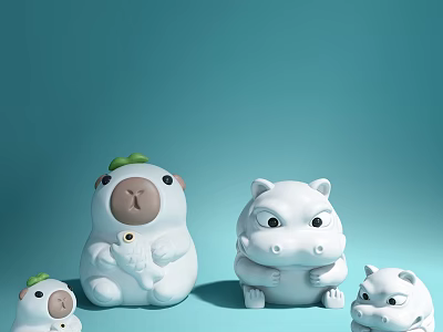 Cute White Animal Shaped Decorative Ornament Set With Hamster Hippo Figurines And Various Sizes 3d model