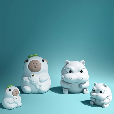 Cute White Animal Shaped Decorative Ornament Set With Hamster Hippo Figurines And Various Sizes 3d model