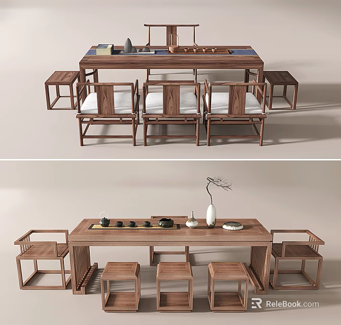 Chinese Minimalist Wooden Tea Table and Chairs With Tea Sets and Vase 3d model 