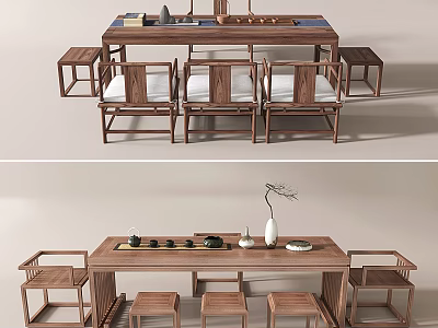 Chinese Minimalist Wooden Tea Table and Chairs With Tea Sets and Vase 3d model