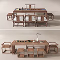 Chinese Minimalist Wooden Tea Table and Chairs With Tea Sets and Vase