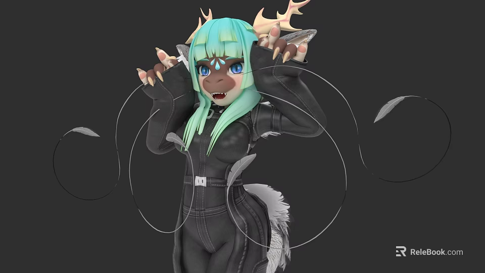 Anthropomorphic Reptile Character With Light Green Hair Horns Black Outfit Feathers And Tail 3d model 