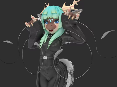 Anthropomorphic Reptile Character With Light Green Hair Horns Black Outfit Feathers And Tail 3d model
