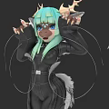 Anthropomorphic Reptile Character With Light Green Hair Horns Black Outfit Feathers And Tail