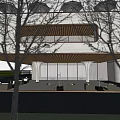 Modern Sales Office Architectural Design With Glass Curtain Walls Overhanging Roof And Outdoor Greenery