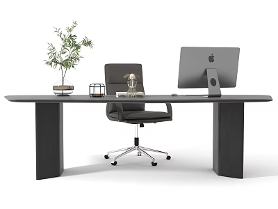 Modern Office Desk With Apple Computer Monitor Ergonomic Chair Potted Plant And Decorative Items 3d model
