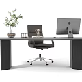 Modern Office Desk With Apple Computer Monitor Ergonomic Chair Potted Plant And Decorative Items