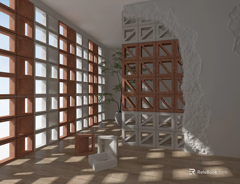 Geometric Brick Partition Design With Open Framework Natural Light And Potted Plant 3d model 