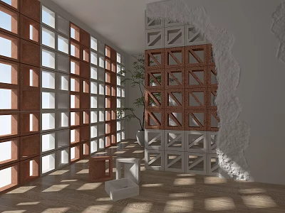 Geometric Brick Partition Design With Open Framework Natural Light And Potted Plant 3d model