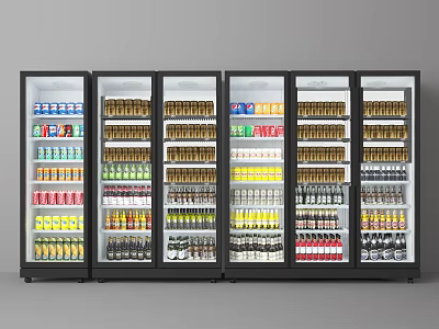 Multiple Commercial Display Refrigerators Stocked with Various Bottled and Canned Beverages in Retail Store 3d model