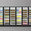 Multiple Commercial Display Refrigerators Stocked with Various Bottled and Canned Beverages in Retail Store