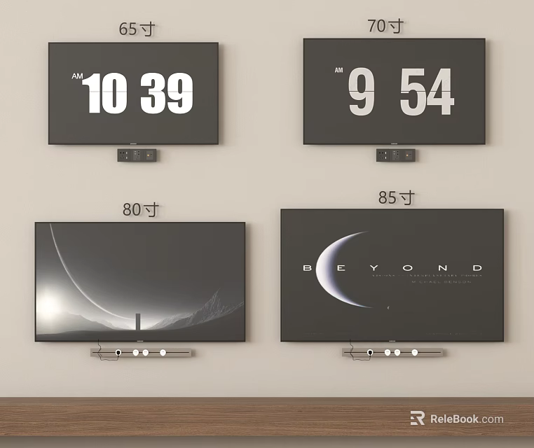 Different Size TVs 65 70 80 85 Inch With Screen Display Price And Beyond Text 3d model 