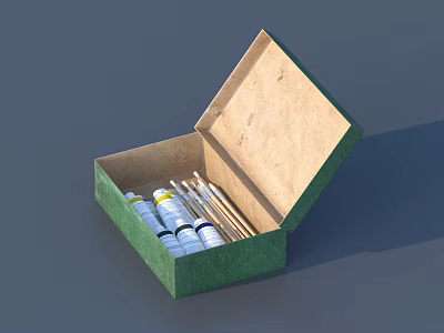 Green Open Cardboard Box Containing Small Bottles And Cotton Sticks 3d model