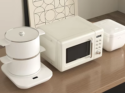 Modern White Kitchen Appliances Including Steamer Microwave And Rice Cooker On Wooden Countertop 3d model