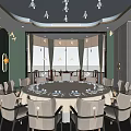 Luxurious Private Dining Room With Round Table Settings And City View Through Large Windows 3d model