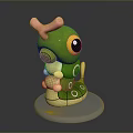 Cute Green Game Movie Character With Pink Horn Large Eyes Segmented Body On White Base
