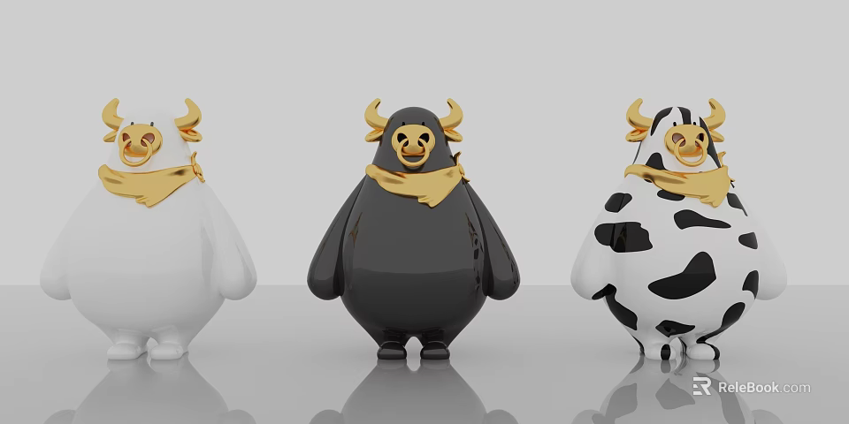 Cute Cow Shaped Dolls With White Black And Black White Bodies Golden Horns And Scarves 3d model 