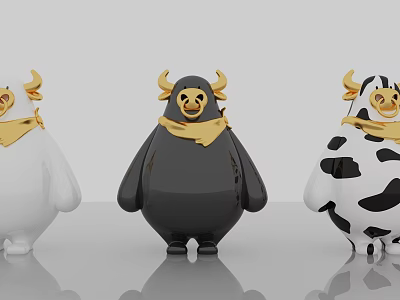 Cute Cow Shaped Dolls With White Black And Black White Bodies Golden Horns And Scarves 3d model