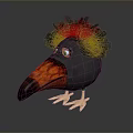 Cartoon Bird With Fluffy Black Hair Orange Beak Yellow Eyes And Claws