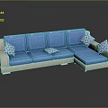 Blue and Beige Sectional Sofa with Geometric Patterned Cushions for Living Room