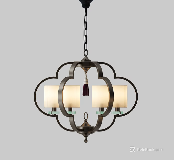 Traditional Oriental Chandelier With Petal Shaped Black Metal Frame Light Colored Shades And Tassel 3d model 