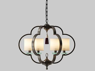 Traditional Oriental Chandelier With Petal Shaped Black Metal Frame Light Colored Shades And Tassel 3d model