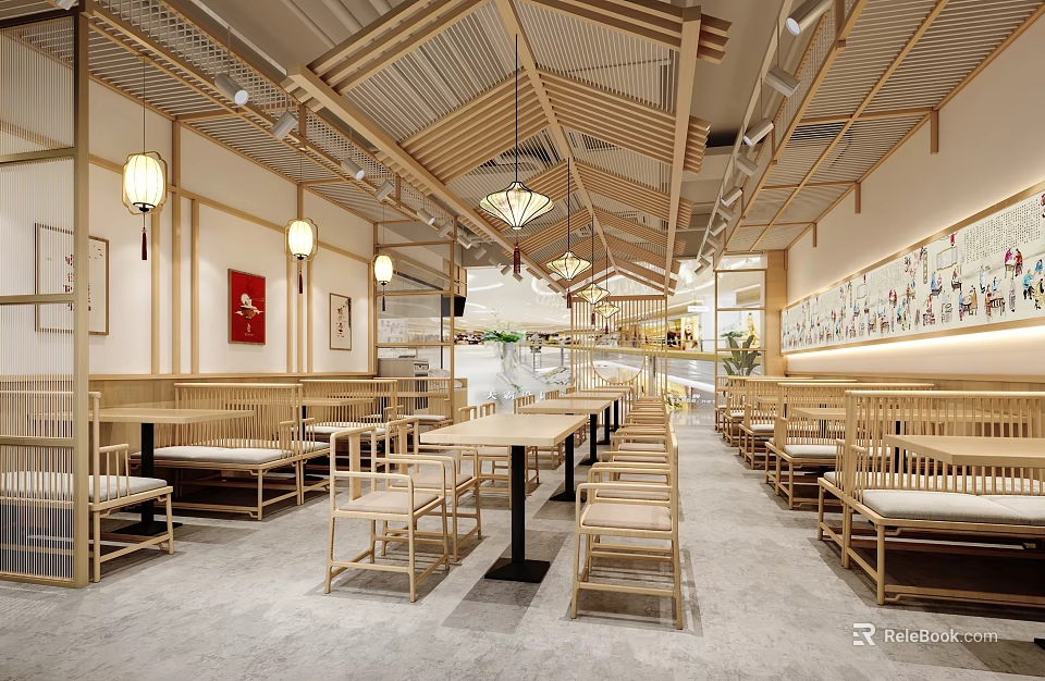 Traditional Chinese Restaurant Interior With Wooden Furniture Pendant Lights And Traditional Decor 3d model 