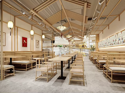 Traditional Chinese Restaurant Interior With Wooden Furniture Pendant Lights And Traditional Decor 3d model