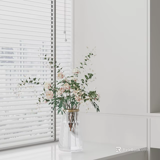 Elegant Pink Flowers In Brown Metal Vase With Green Leaves By White Blinds 3d model 