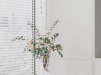 Elegant Pink Flowers In Brown Metal Vase With Green Leaves By White Blinds 3d model