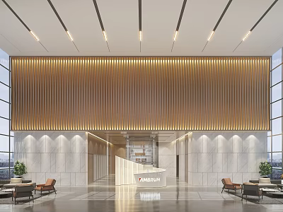 Contemporary Front Desk Reception With Wooden Slat Wall Marble Flooring And Ambient Lighting 3d model
