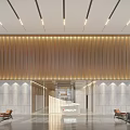 Contemporary Front Desk Reception With Wooden Slat Wall Marble Flooring And Ambient Lighting