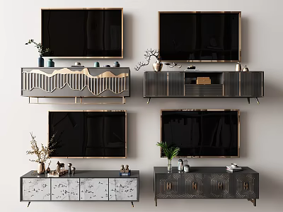 Stylish Modern TV Stands With TVs Decorative Plants And Ornaments 3d model