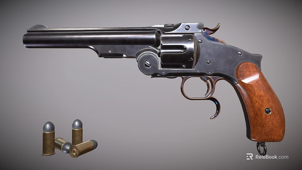 Vintage Revolver With Wooden Grip Steel Frame And Ammunition Bullets 3d model 