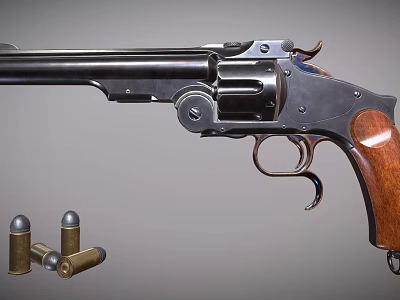 Vintage Revolver With Wooden Grip Steel Frame And Ammunition Bullets 3d model